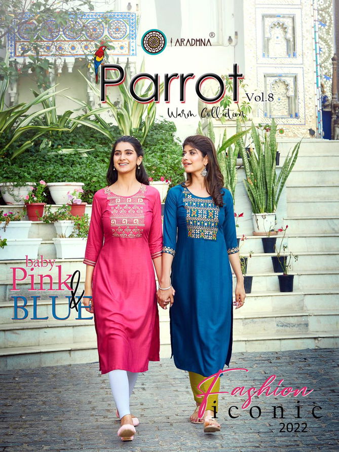 Aradhna Parrot 8 Designer Party Wear Heavy rayon Embroidery Kurti Collection